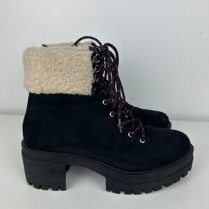 Forever 21 Womens Lace-Up Chunky Heel Fleece Faux Suede Black/Beige Booties 6